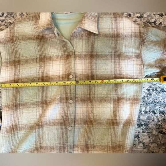Pink Lily Plaid Button-Up Shirt Jacket - Beige Green and Brown Shacket Shirt - Picture 3 of 4